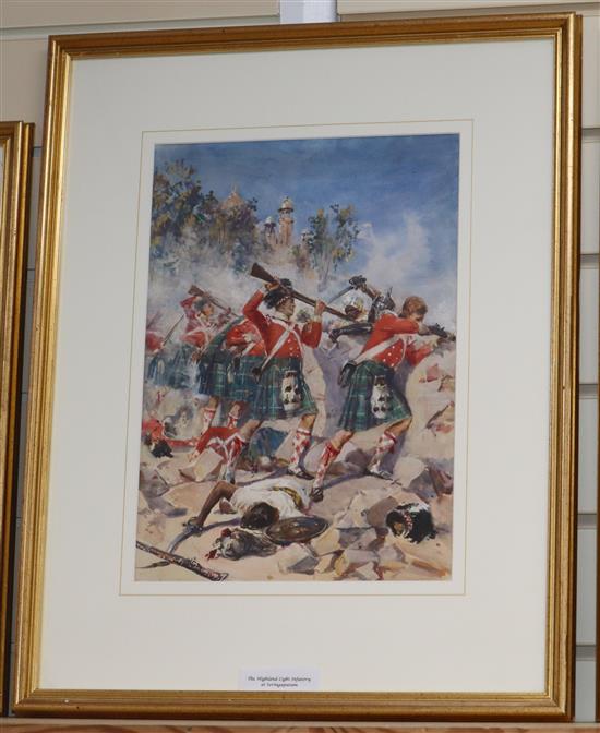 Circle of Simkin, five watercolours, Scottish Regiments in action, largest 34 x 24cm